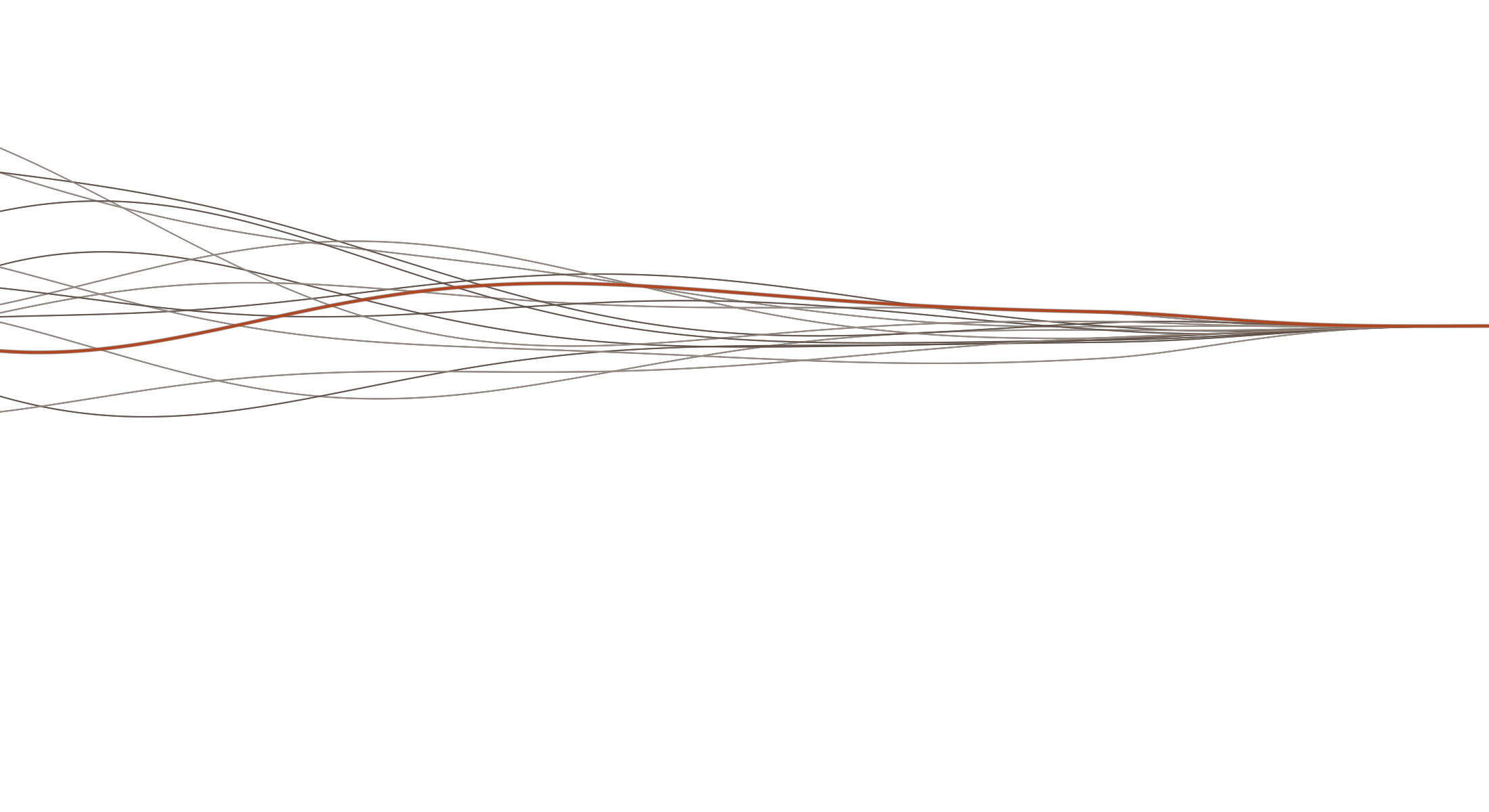 Fourteen strands, one per coach in the cohort, entering loose and gathering into a single line.